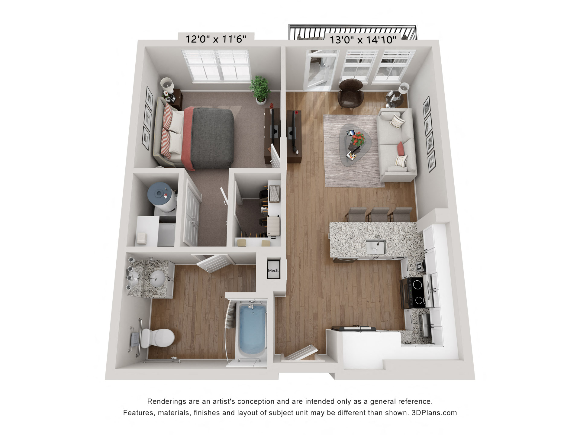 Floor plan for 1 bed, 1 bath, 678 sqft